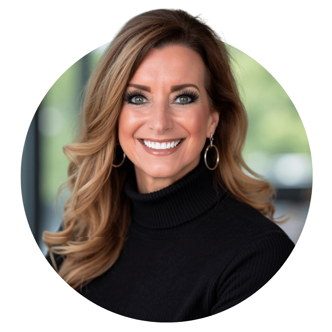 Smiling woman with long hair wearing hoop earrings and a black turtleneck